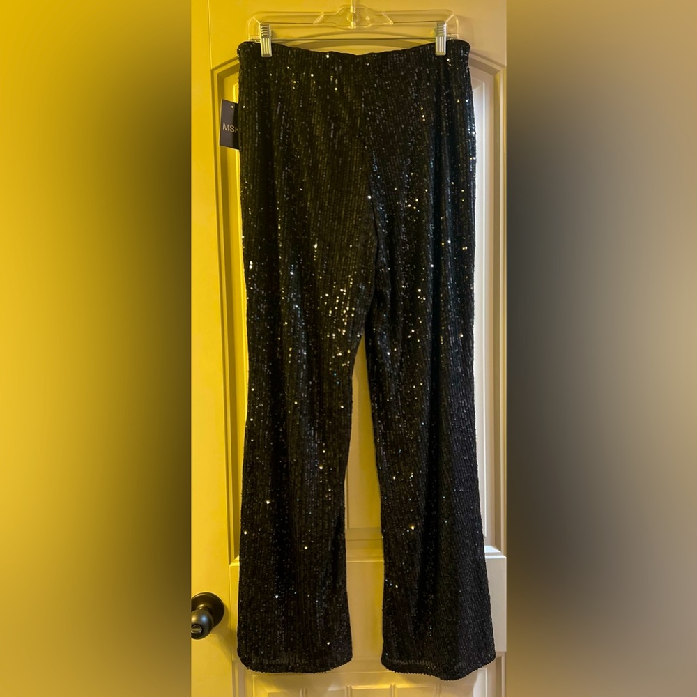 NWT, black sequin, MSK Brand, elastic pants from Macys, size Large